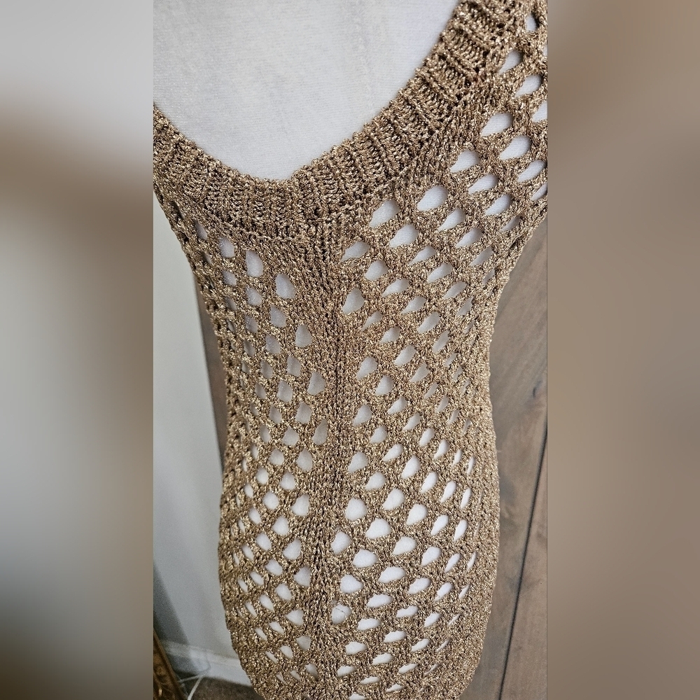 Zara Metallic Crochet Fishnet Midi Dress Gold Open Knit Cover Up Size Small - Picture 9 of 16